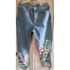 Topshop Moto Mom Jeans W32 L30 High Waisted Blue Denim Graffiti Painted